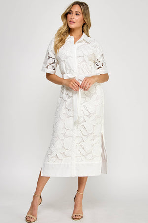 TD-10177-6 LACE MIDI SHIRT DRESS OFF WHITE: S