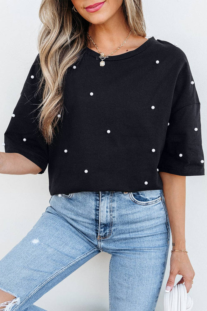 Pearl Drop Shoulder Crewneck T-Shirt: Black / XL