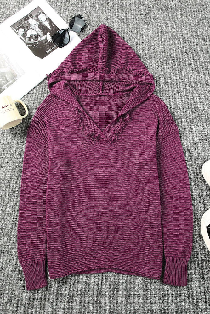 Ribbed Raw Edge Hooded Sweater: Red / S
