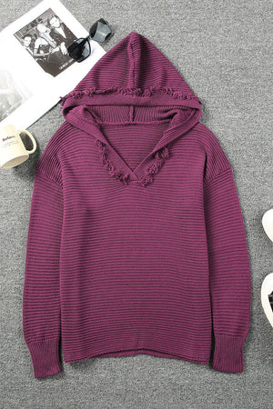 Ribbed Raw Edge Hooded Sweater: Red / S