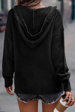 Ribbed Raw Edge Hooded Sweater: Red / S