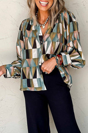 Geometric Buttoned Balloon Sleeve Shirt: Green / L