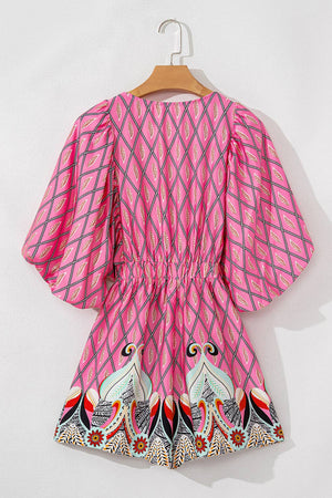 Paisley Geometric V-Neck Romper: Pink / M