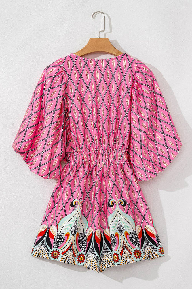 Paisley Geometric V-Neck Romper: Pink / S