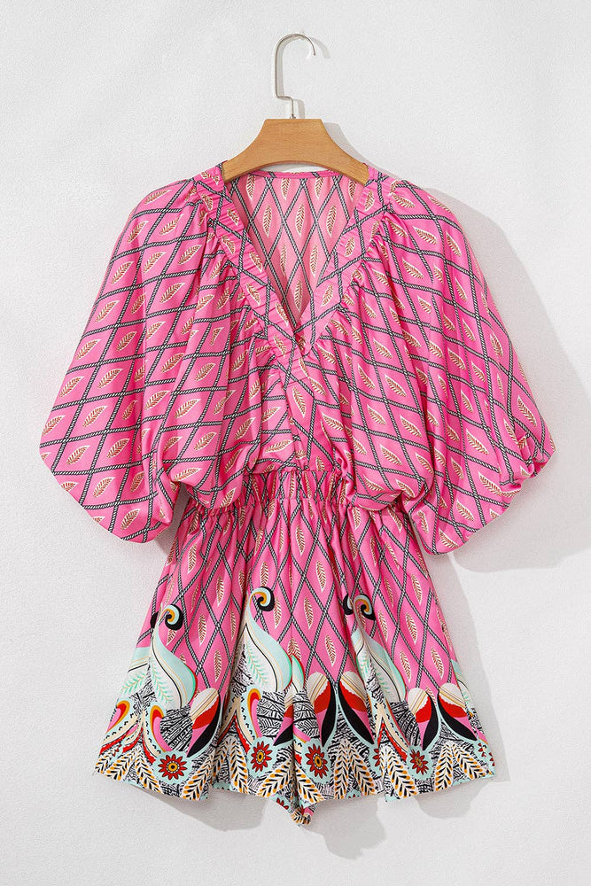 Paisley Geometric V-Neck Romper: Pink / S