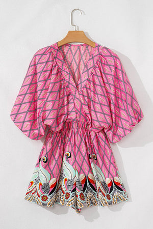 Paisley Geometric V-Neck Romper: Pink / S