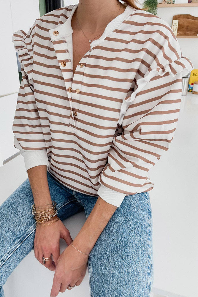 Stripe Ruffle Sleeve Buttoned Top: Brown / S / 95%Polyester+5%Elastane