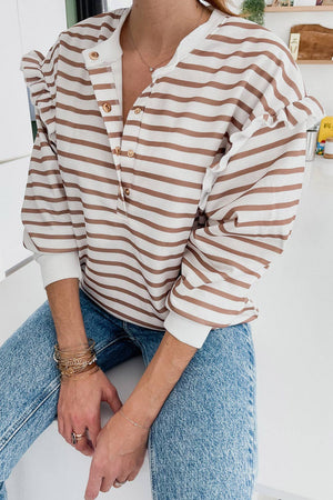 Stripe Ruffle Sleeve Buttoned Top: Brown / S / 95%Polyester+5%Elastane