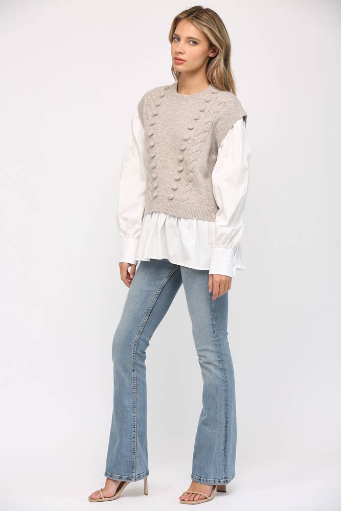 POM POM DETAIL TWOFER SWEATER FW15227: H.GREY / S