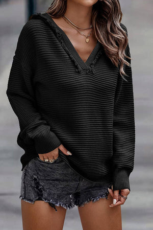 Ribbed Raw Edge Hooded Sweater: Red / S