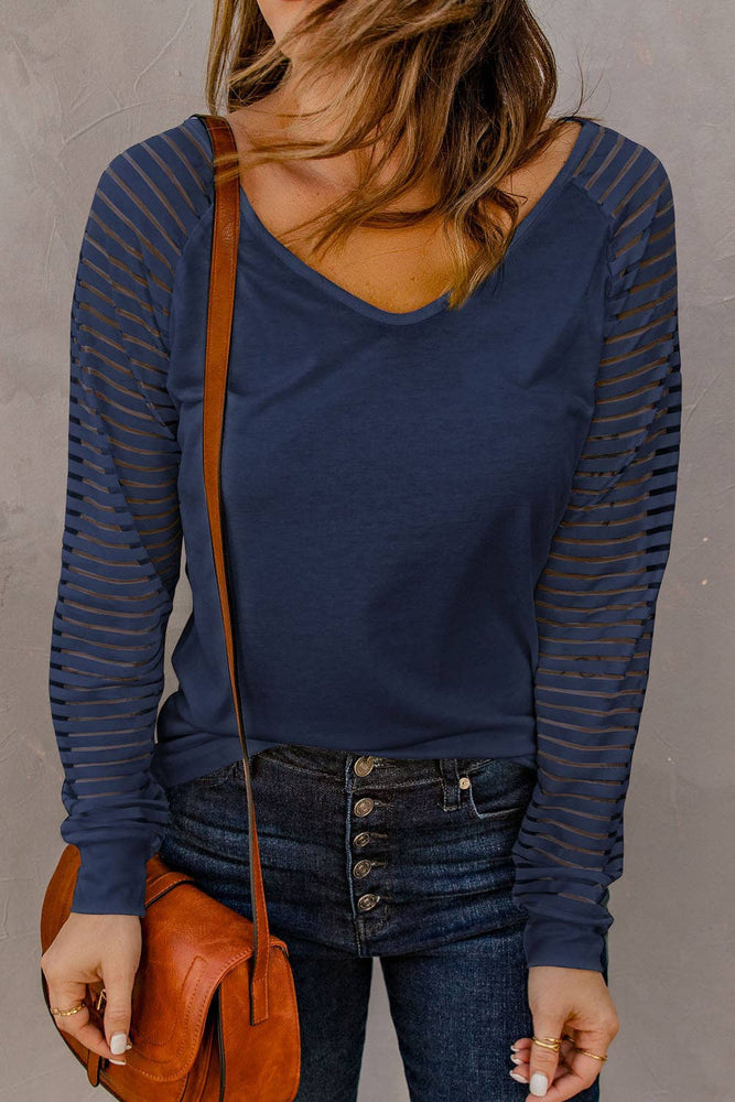 Sheer Stripe Long Sleeve V-Neck Top: Blue / M