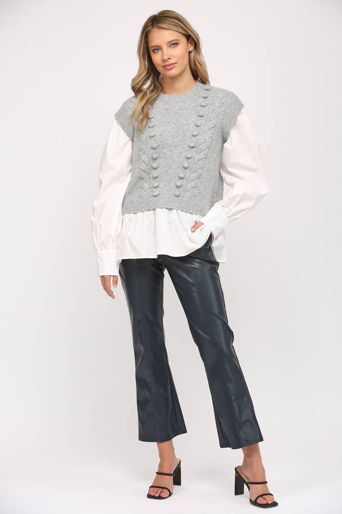 POM POM DETAIL TWOFER SWEATER FW15227: H.GREY / S