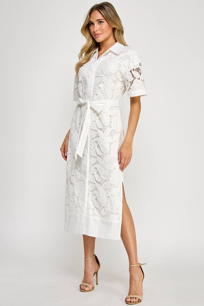TD-10177-6 LACE MIDI SHIRT DRESS OFF WHITE: M