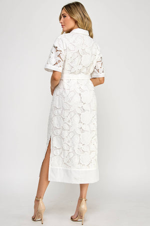 TD-10177-6 LACE MIDI SHIRT DRESS OFF WHITE: S