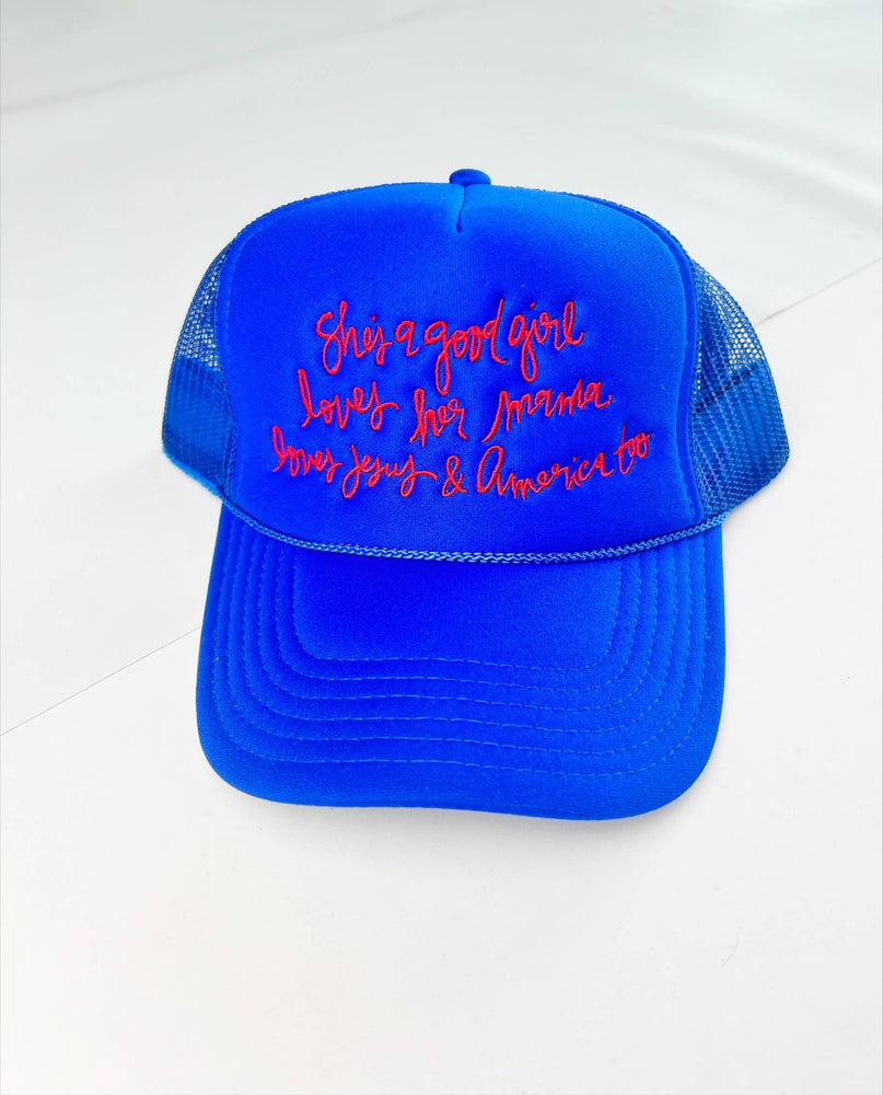 Shes a Good Girl Trucker Hat: Red/white/Blue-Red thread
