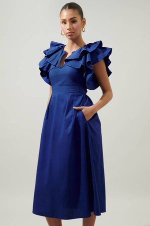 Santana Ruffle Sleeve Tie Back Midi Dress