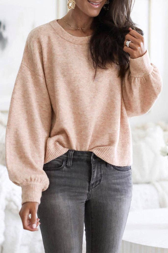 Ribbed Trim Balloon Sleeve Sweater: Pink / XL