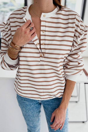 Stripe Ruffle Sleeve Buttoned Top: Brown / S / 95%Polyester+5%Elastane